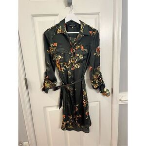 Jones New York Green Floral Satin Button Down Tie Belted Dress sz 8 EUC